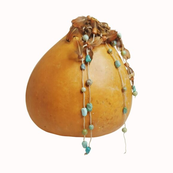Vintage Southwestern Handcrafted Gourd Basket With Beaded Adornments & Woven Top - Picture 1 of 6